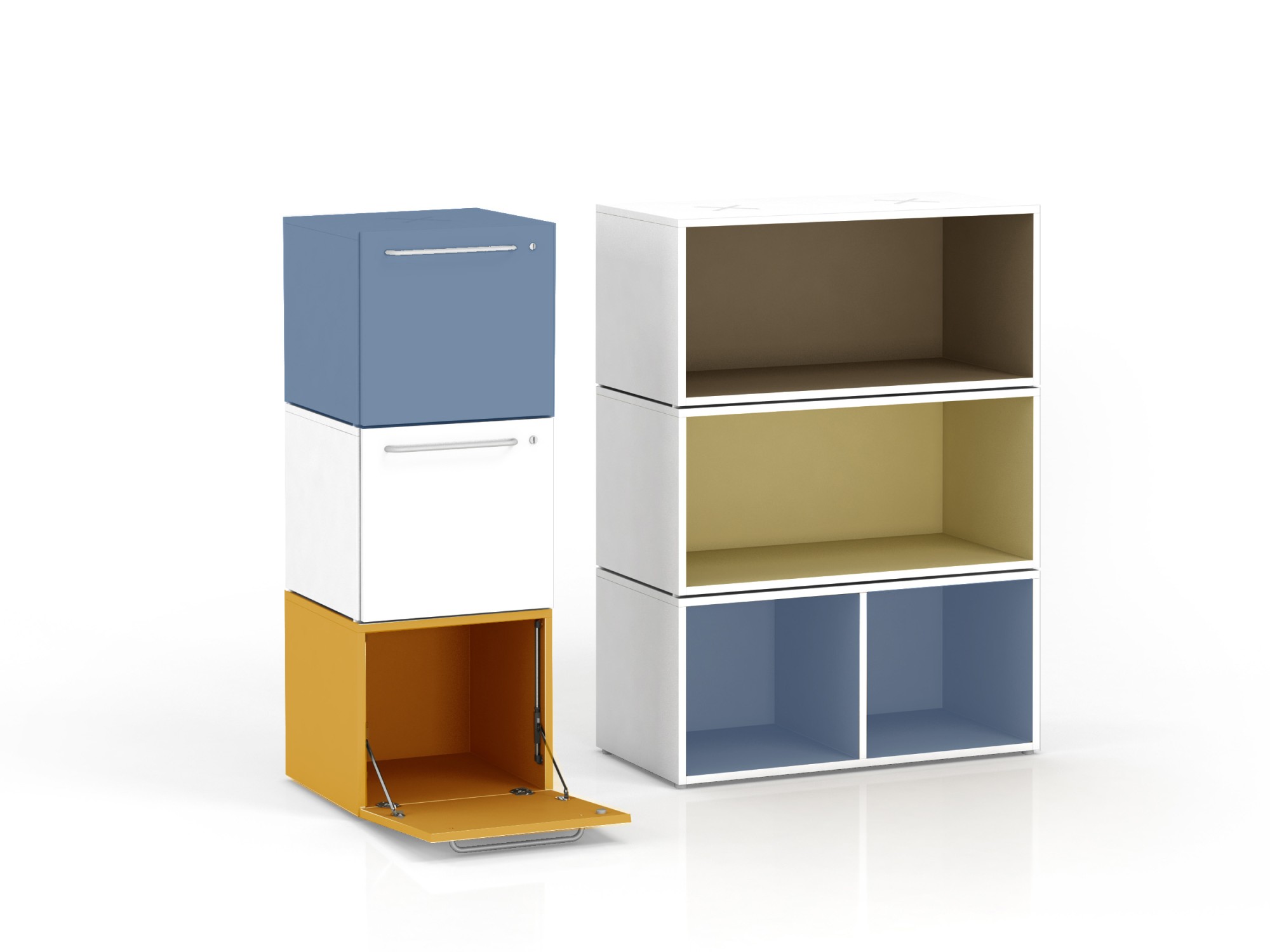 Regał biurowy w białym kolorze Oxo moduł dolny z jedną przegrodą pionową firmy Majencia - Nowy Styl