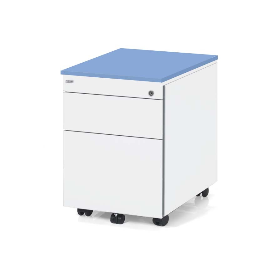 Kontenerek biurowy metalowy Klea mobilny 36 biały matowy z niebieskim blatem